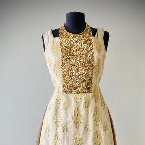 Beige Brown Net Sharara Embroided Khadi Halter-Nec